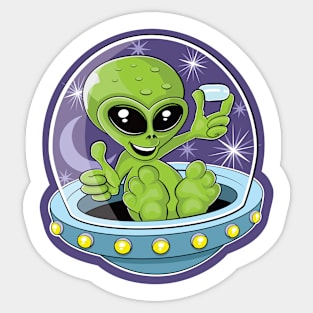 Illustration of a cute alien holding candy in a flying saucer Sticker